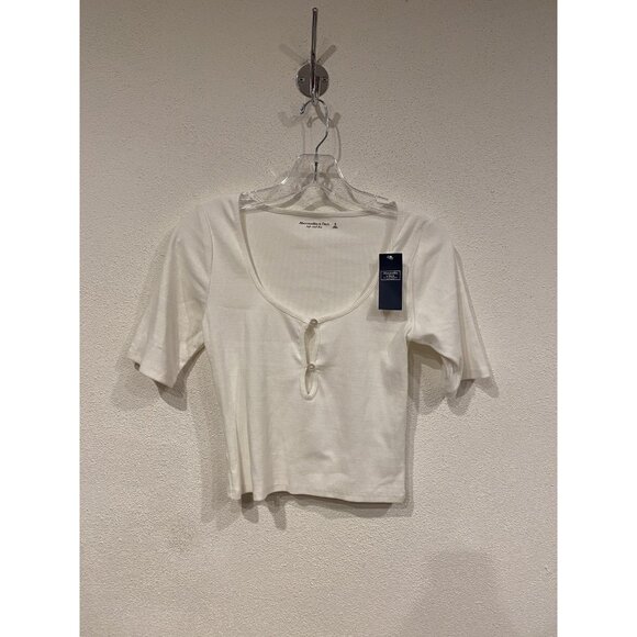 Abercrombie & Fitch Shirt Womens Small White Soft Ribbed Tie Front Crop Top - Picture 2 of 5